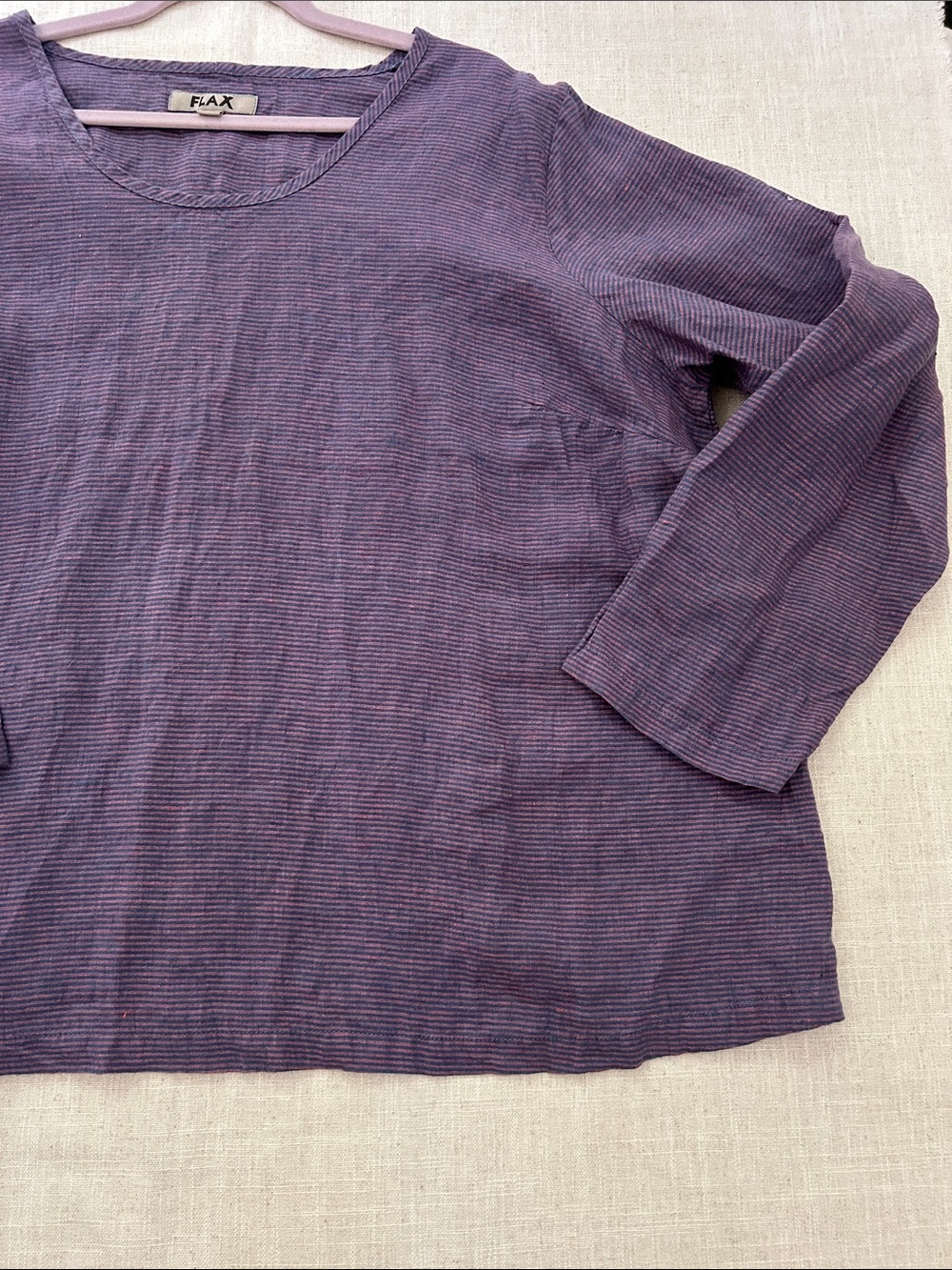 Flax Lavender Stripe Long-Sleeve Top Oversized Lagenlook Linen Coastal Popover - Picture 11 of 15